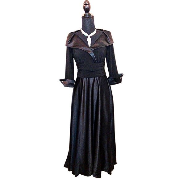BLACK FORMAL EVENING GOWN & LONG FLOOR LENGTH PARTY DRESS W/ 3/4 SLEEVE - Picture 1 of 8